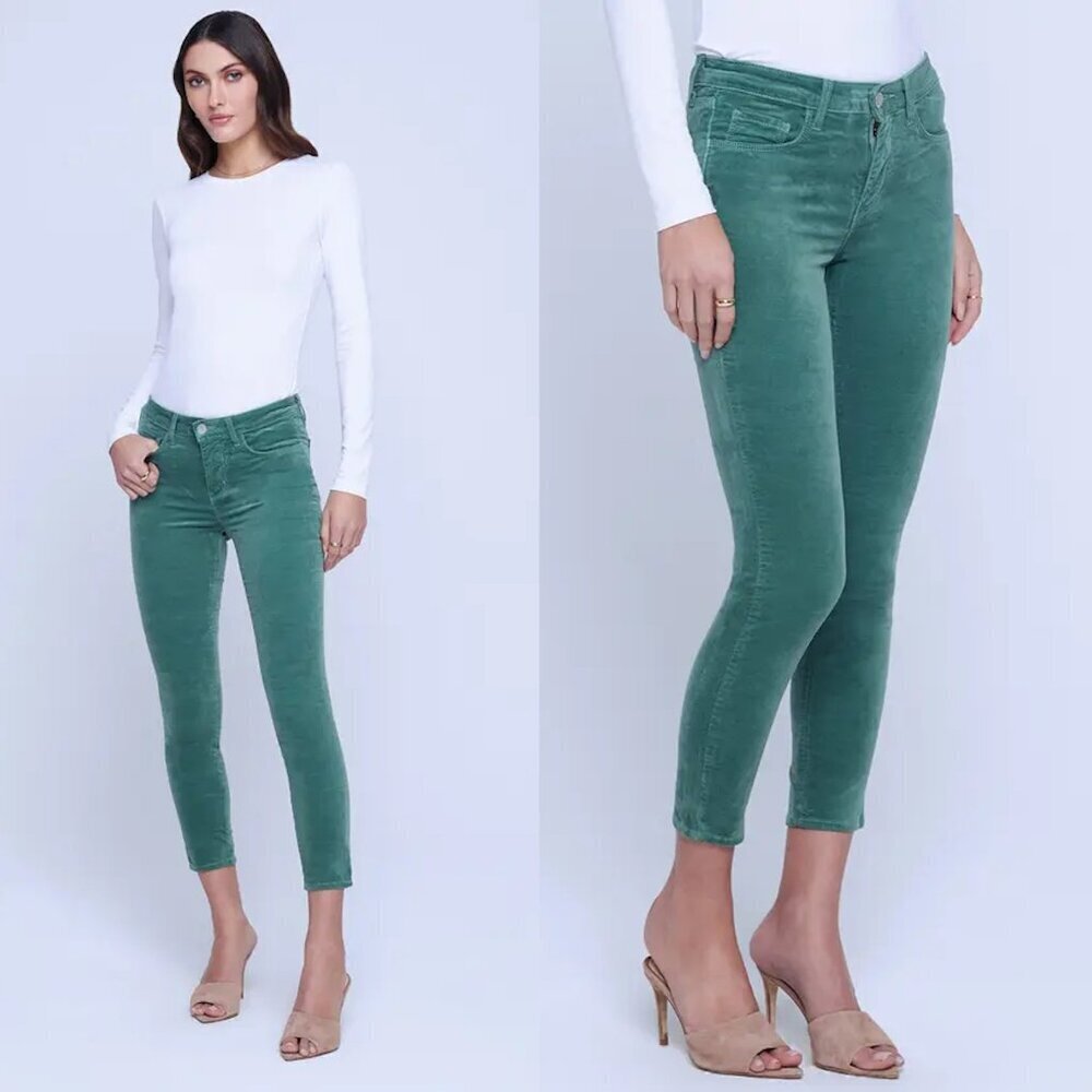 NWT New $265 L'AGENCE Margot Velvet Crop Skinny FROSTY SPRUCE Jeans Size 24